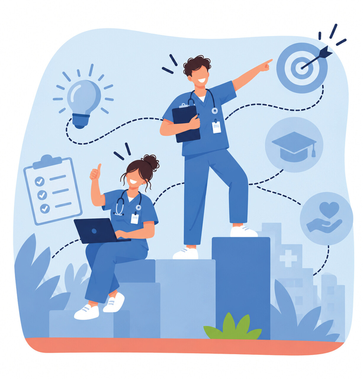 Illustration: Pflegekraft auf einer Stufen-Treppe zeigt auf eine Zielscheibe, daneben Symbole für Weiterbildung und Ideen.