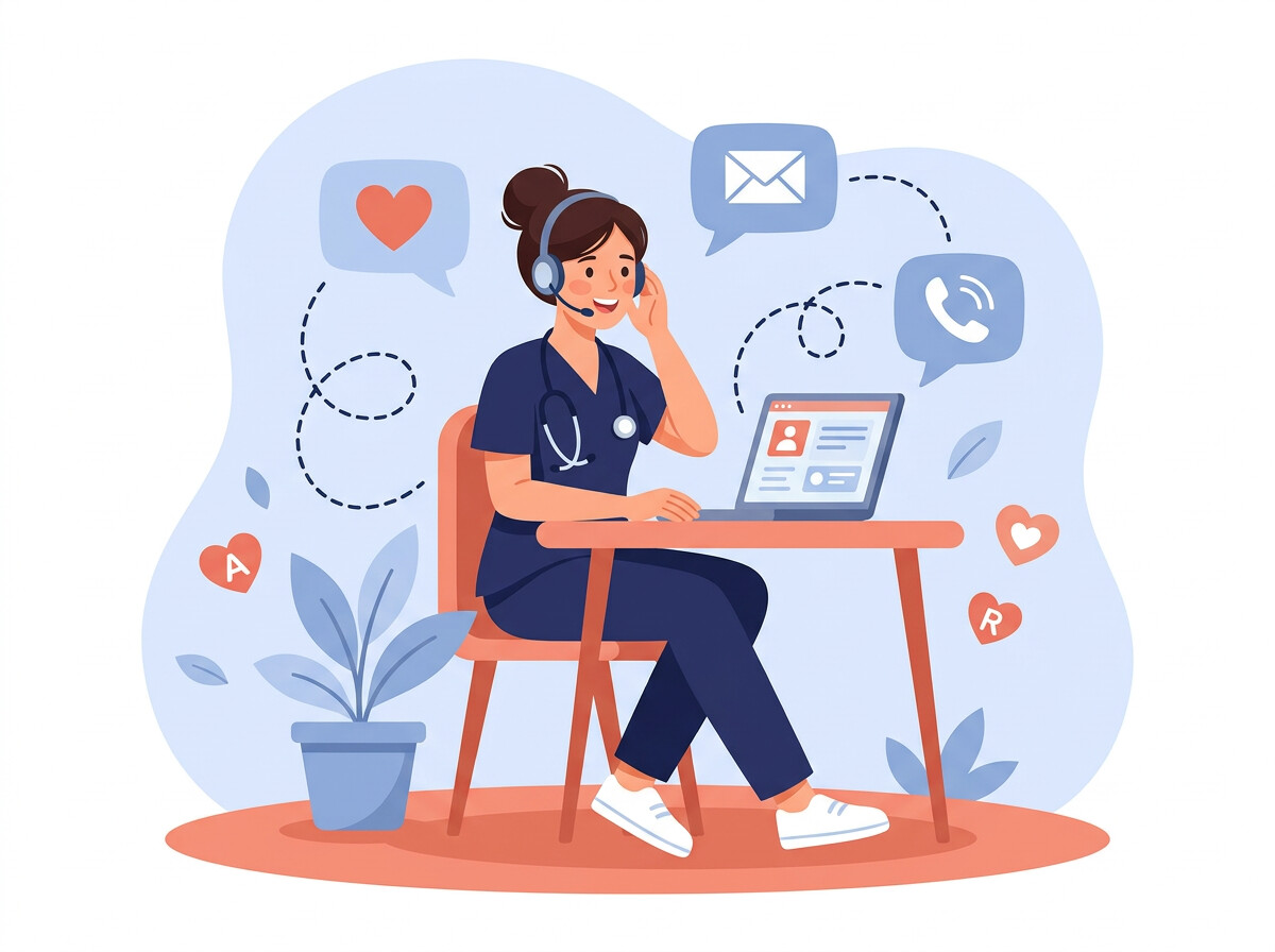 Illustration: Pflegekraft mit Headset am Laptop, umgeben von Sprechblasen mit Herz, Brief und Telefon.